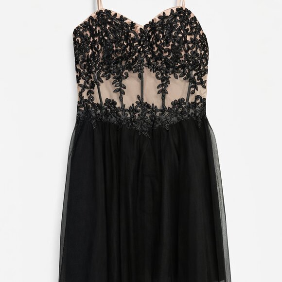 Ba Nites Dresses & Skirts - Black Cocktail Nude Illusion Bodice Floral Embroidery with Black Tulle Skirt